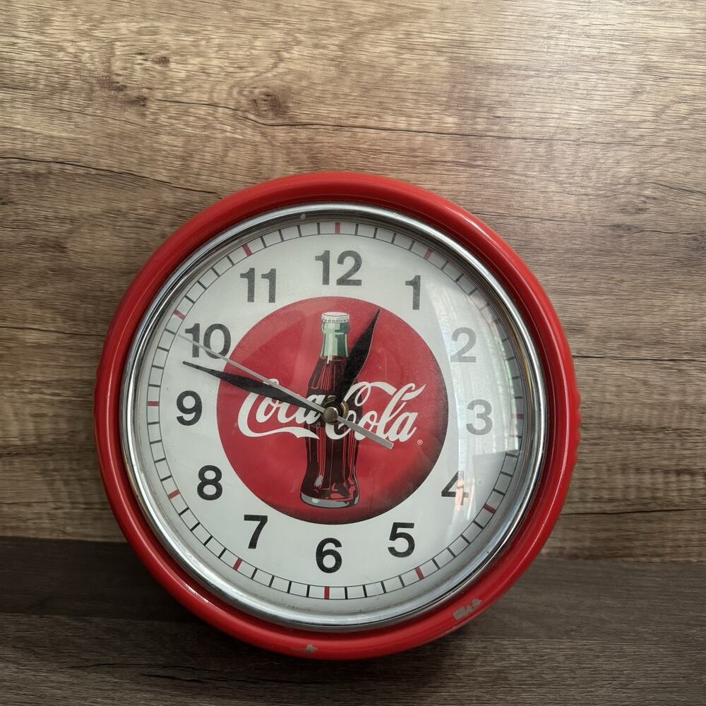 Coca Cola Round Metal Wall Clock Red Glass Lens Battery Operated